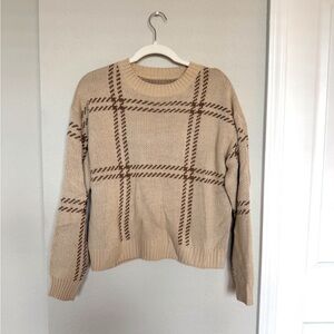 SHEIN Cozy Cream and Brown Plaid Crew Neck Sweater